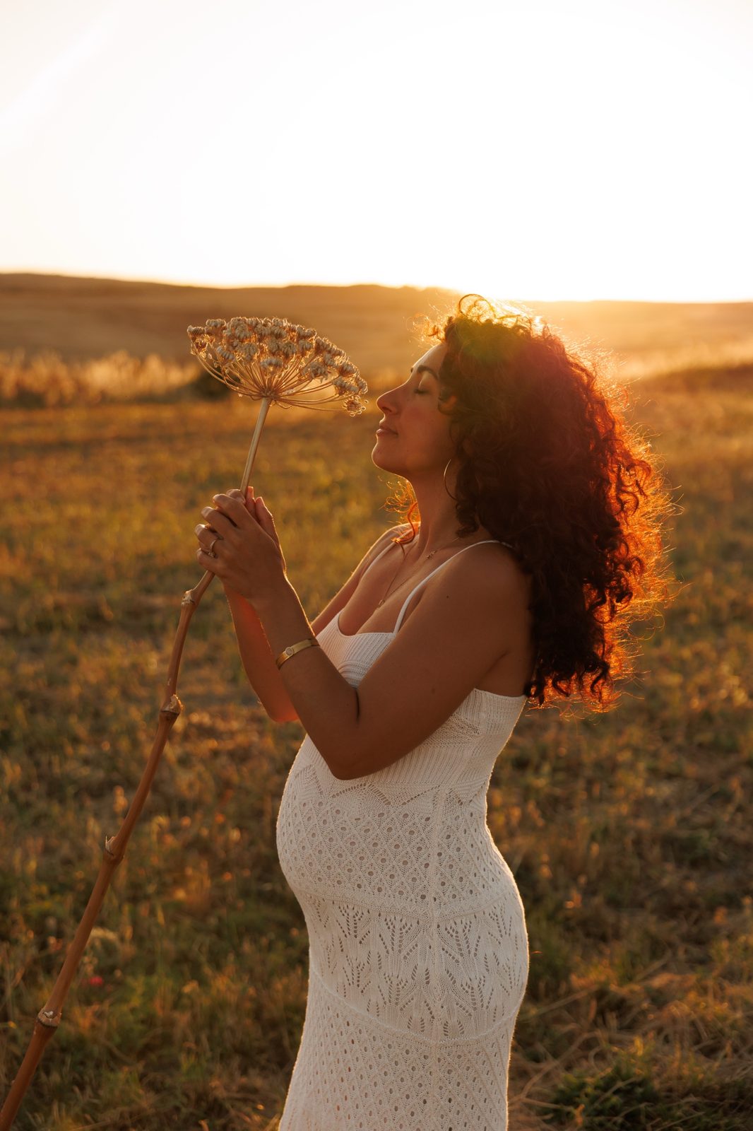 Claudia enceinte au coucher du soleil, une fleur sauvage à la main